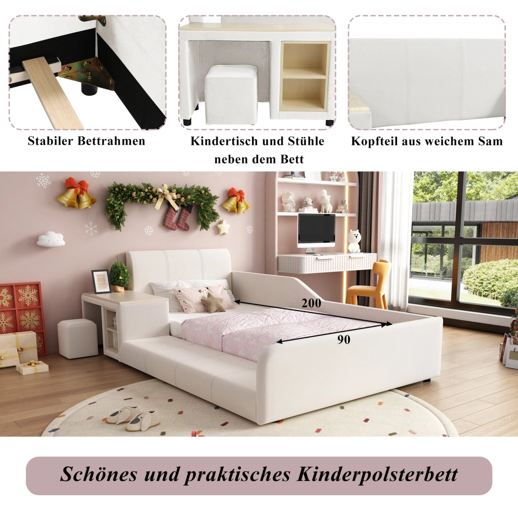 OKWISH Letto combinato 90×200 cm, Letto Singolo con Scrivania, Sgabello e Ripiano, senza Materasso, in Velluto, Bianco