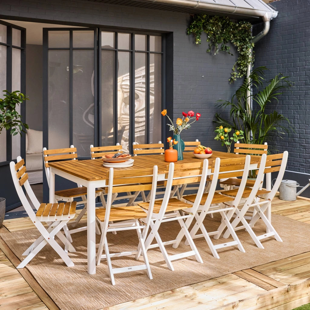 Set tavolo da giardino in acacia con angoli arrotondati con 10 sedie,