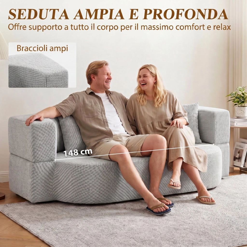 Divano Letto 2 Posti 2 in 1 con 2 Cuscini Sfoderabili, Braccioli e Seduta Imbottita, in Ciniglia, Grigio Chiaro