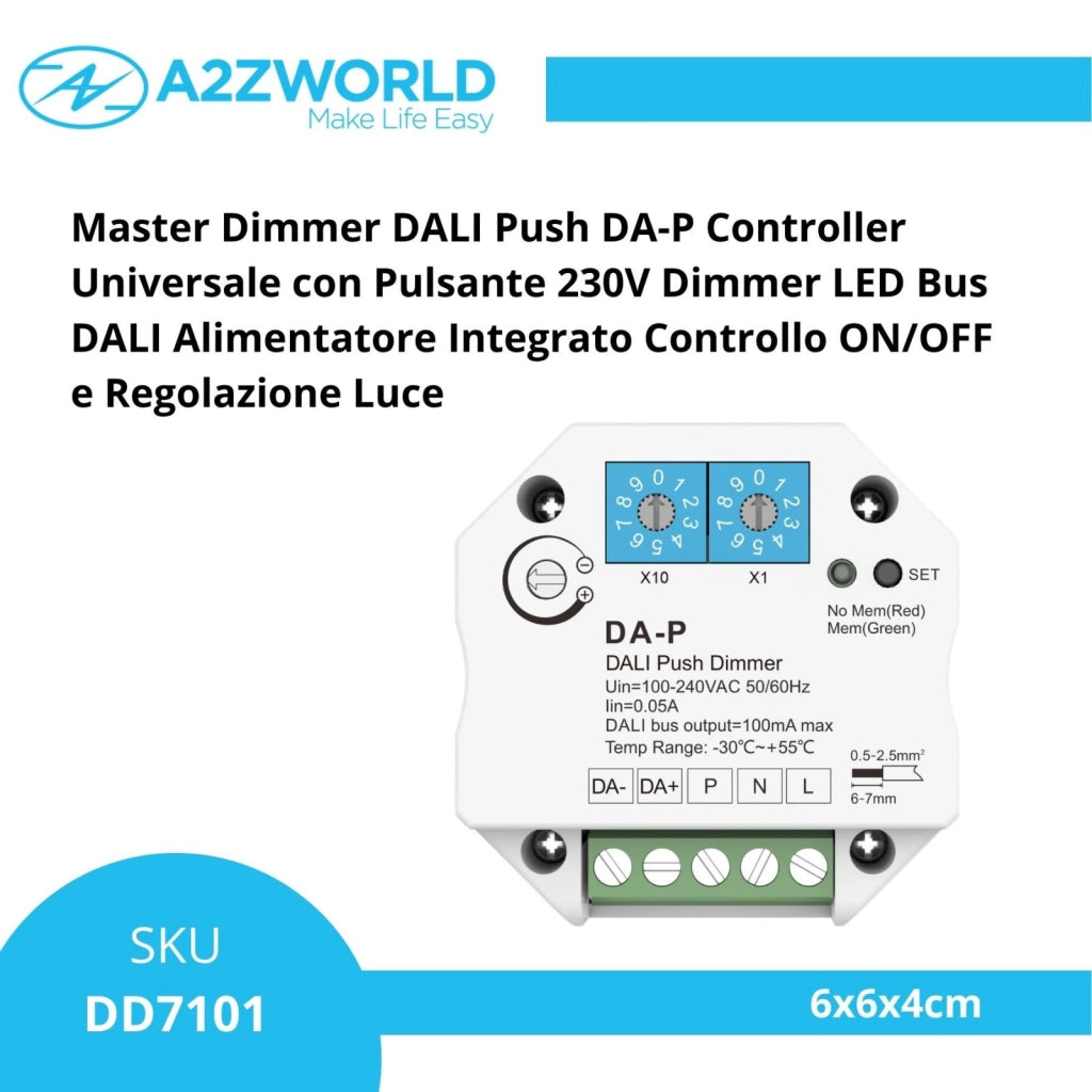 Master Dimmer DALI Push DA-P Controller Universale con Pulsante 230V Dimmer LED Bus DALI Alimentatore Integrato Controllo ON/OFF e Regolazione Luce