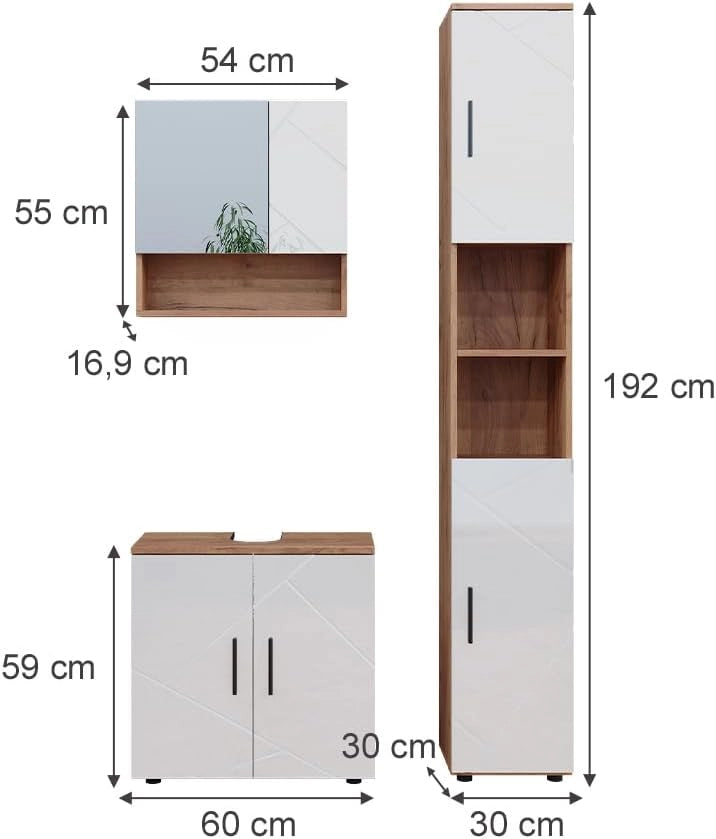 Set di mobili da bagno Irma, Bianco lucido/oro power oak, 80 cm, composto da mobile sottolavabo, specchiera e colonna alta