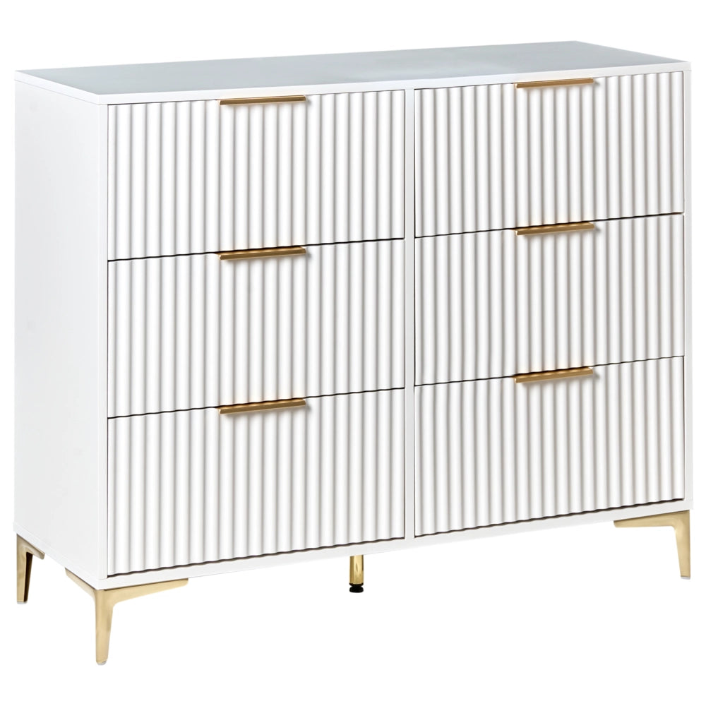 Cassettiera bianco MDF 6 Cassetti Gambe in Metallo Maniglie Fronti Scanalati Design Moderno Camera da Letto Soggiorno