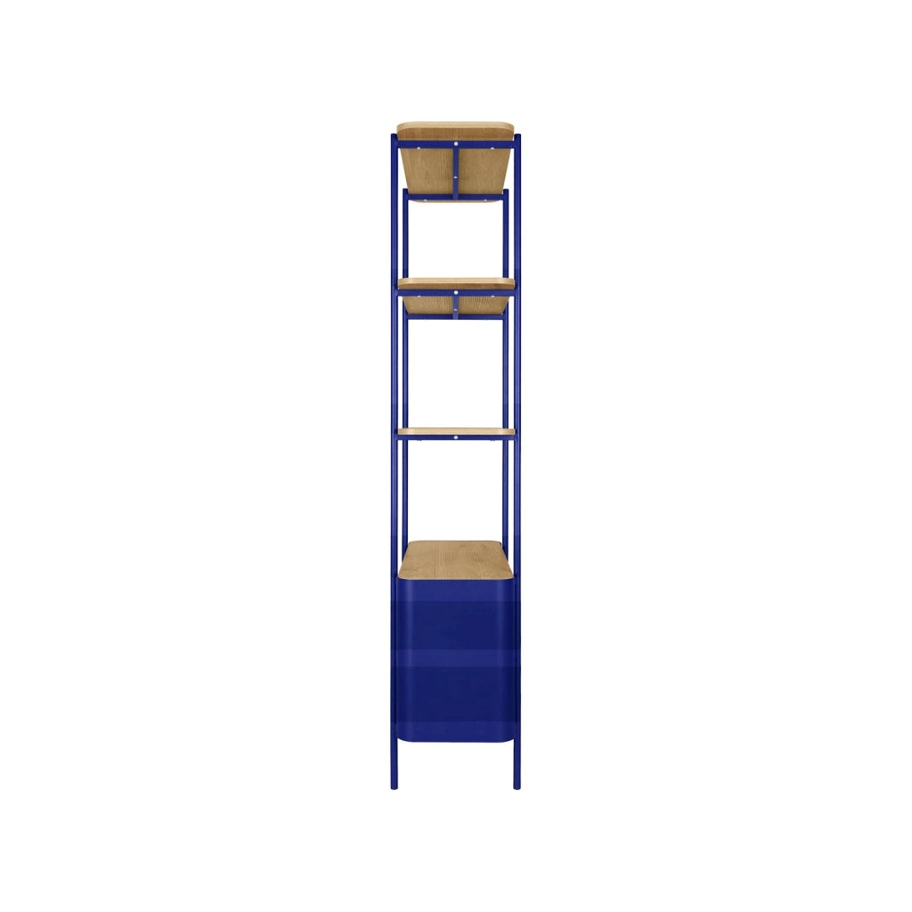 Libreria in metallo curvato e legno a 6 livelli, blu