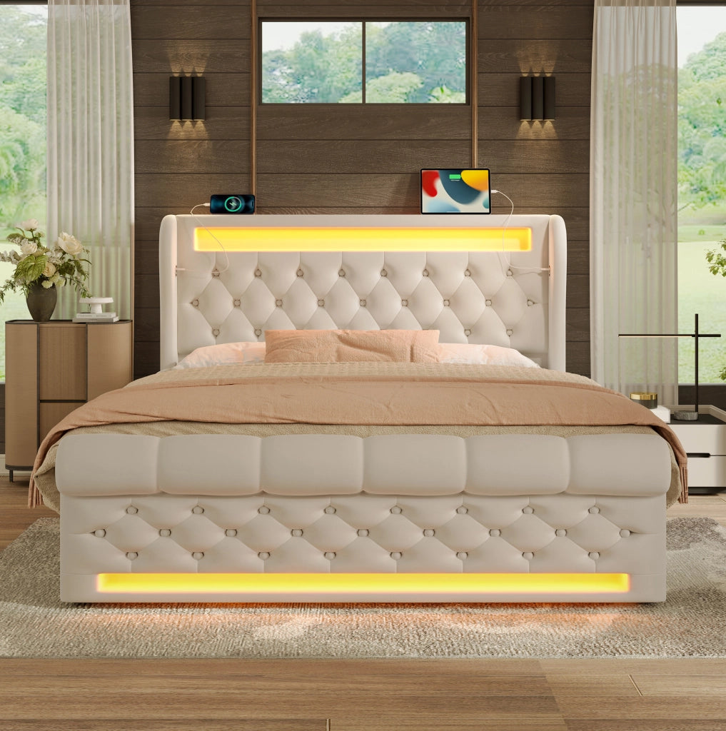 Letto matrimoniale 140x200 cm in velluto beige con LED; USB e Type C; contenitore idraulico; materasso incluso