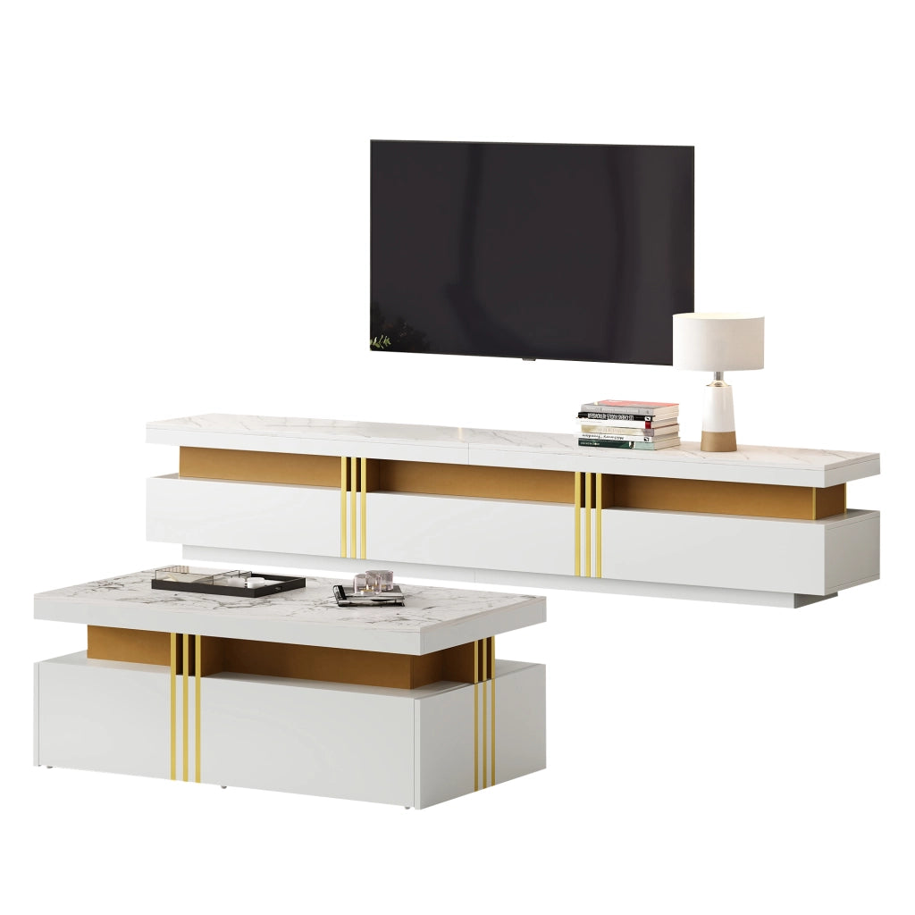 Set Mobile TV da Parete con Tavolino da Caff??; Contenitore Multifunzione; per Soggiorno Moderno; Pannello Truciolare; Bianco