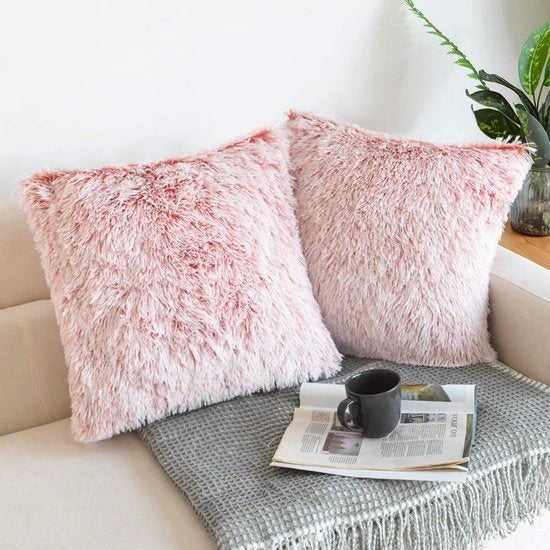 Set di cuscini per casa da 2, con cuscino di pelliccia sintetica, cuscino decorativo, cuscino di peluche, cuscino morbido per divano, 45 x 45 cm, ombra rosa