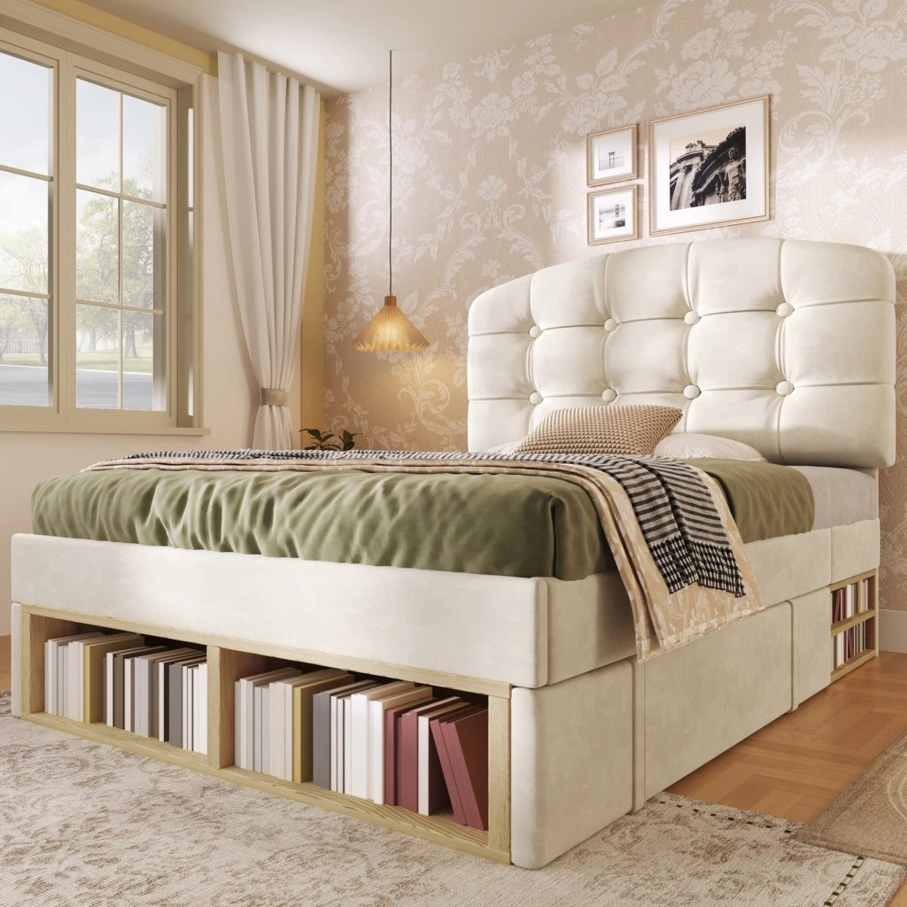 Letto singolo 90x200 cm con testiera regolabile; cassetti e vani; velluto beige