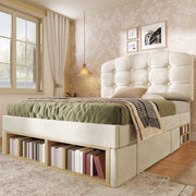 Letto singolo 90x200 cm con testiera regolabile; cassetti e vani; velluto beige