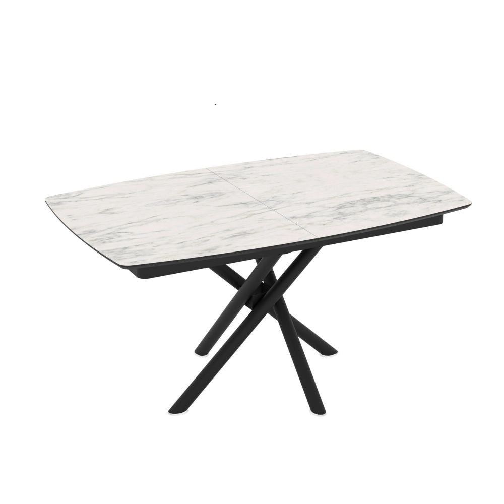 Tavolo allungabile Katrin con piano marmo bianco e gambe a stelo incrociate nere 138/178x90x76H
