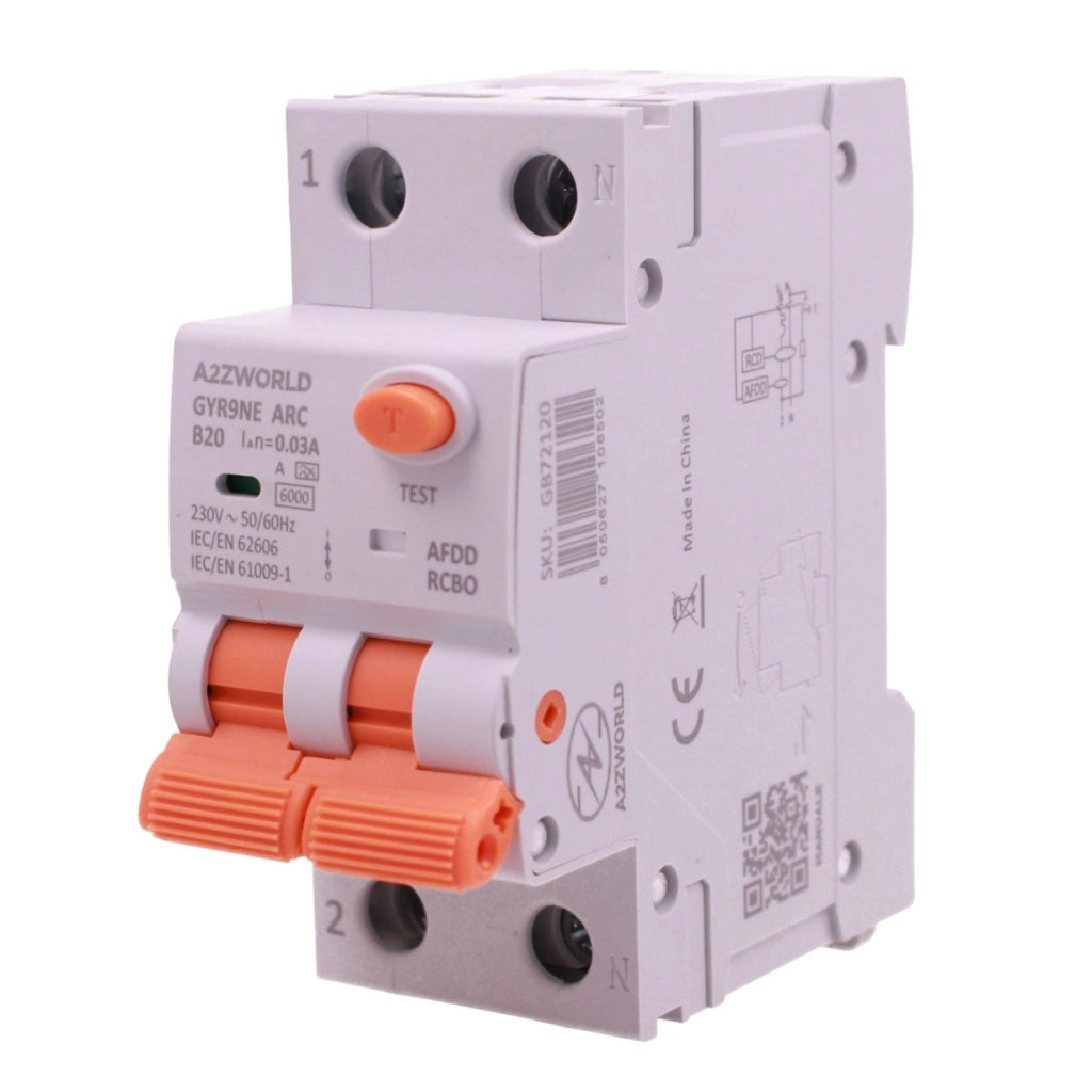 A2ZWORLD AFDD RCBO Interruttore Antincendio, Magnetotermico Differenziale con Rilevamento di Arco Elettrico, Tipo A Curva B, 1P+N 2M 6000A 30mA, AC 220V Doppia Leva GYR9NE-ARC (B20A)