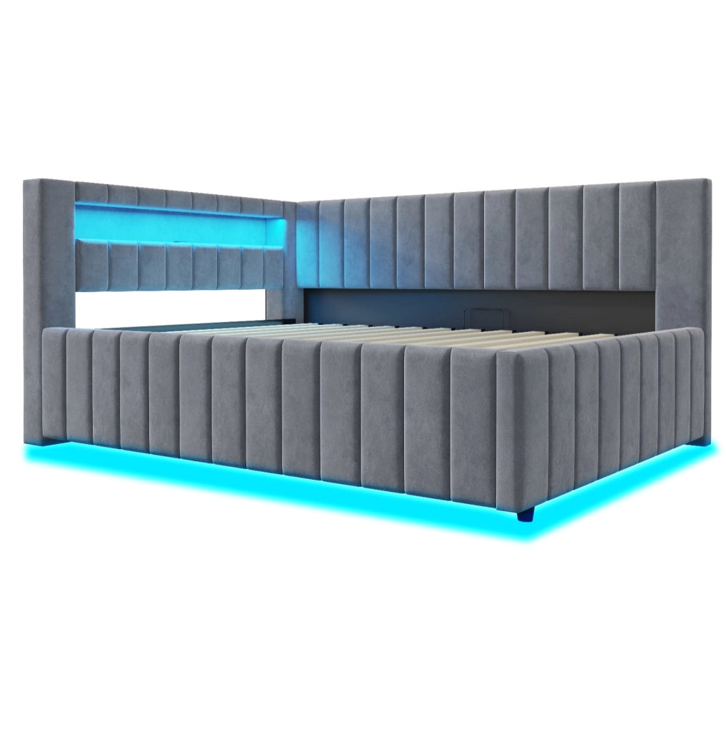 Letto imbottito 140x200 cm; contenitore idraulico con LED e USB; velluto grigio (Senza materasso)