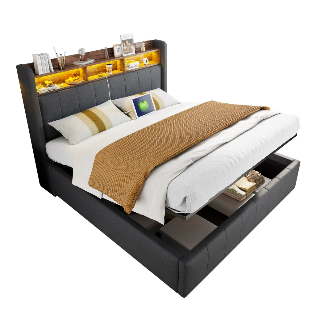 Letto imbottito 160x200 cm grigio con LED; USB; porta Type-C e contenitore idraulico