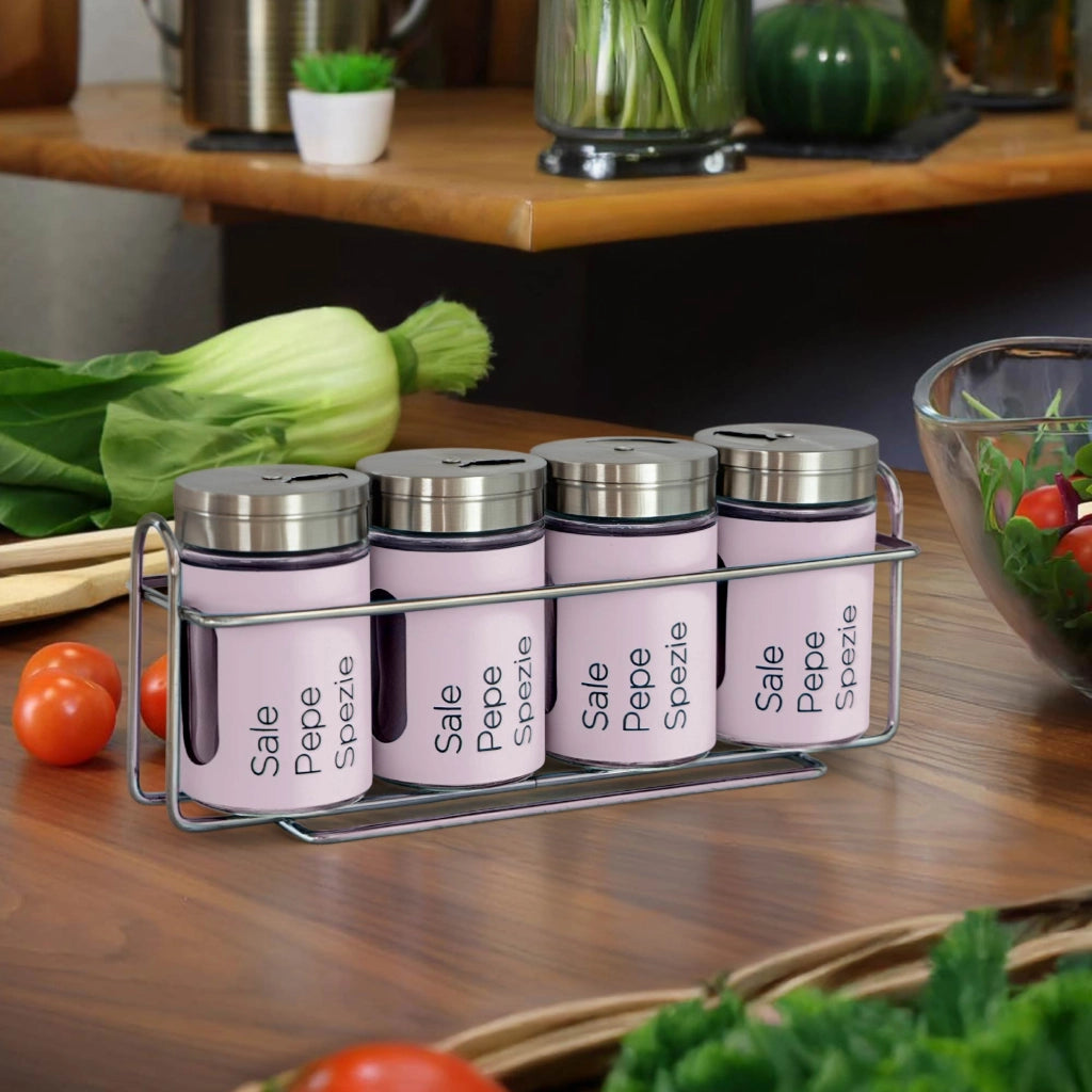 Set 4 Contenitori In Vetro Cucina Portaspezie 90 Ml Con Espositore In Metallo Barattoli Moderni Sale Pepe Rotondi Tappo Girevole Acciaio Per Regolazione Con Moderne Scritte Certificati Contatto Alimentare Glicine