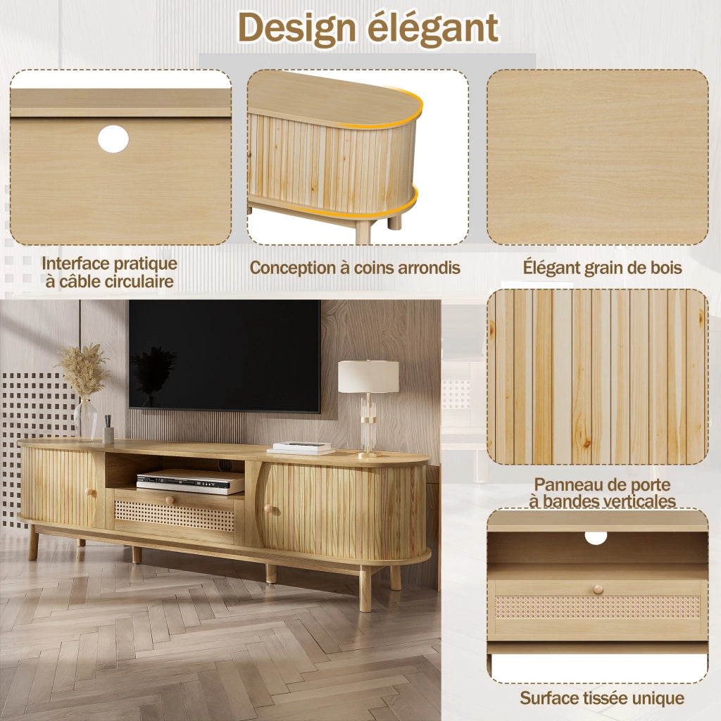 Mobile TV con Ante Scorrevoli e 2 Cassetti in Rattan; Stile Country; in MDF; 165??37??46 cm; Naturale