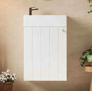 Mobile bagno sospeso salvaspazio bianco in MDF e ceramica con anta soft-close