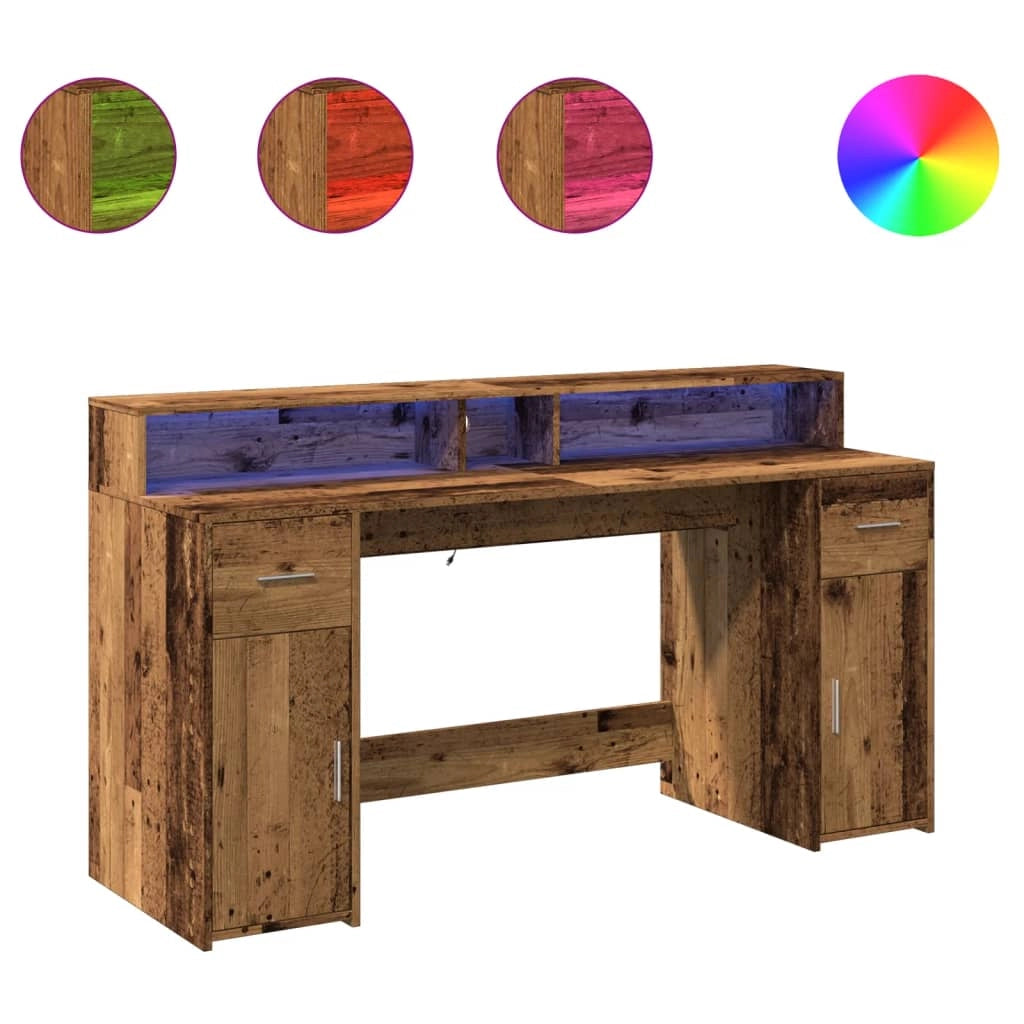 Scrivania tavolo postazione di lavoro mobile per computer studio con luci a LED legno vecchio legno ingegnerizzato marrone 02_0023441