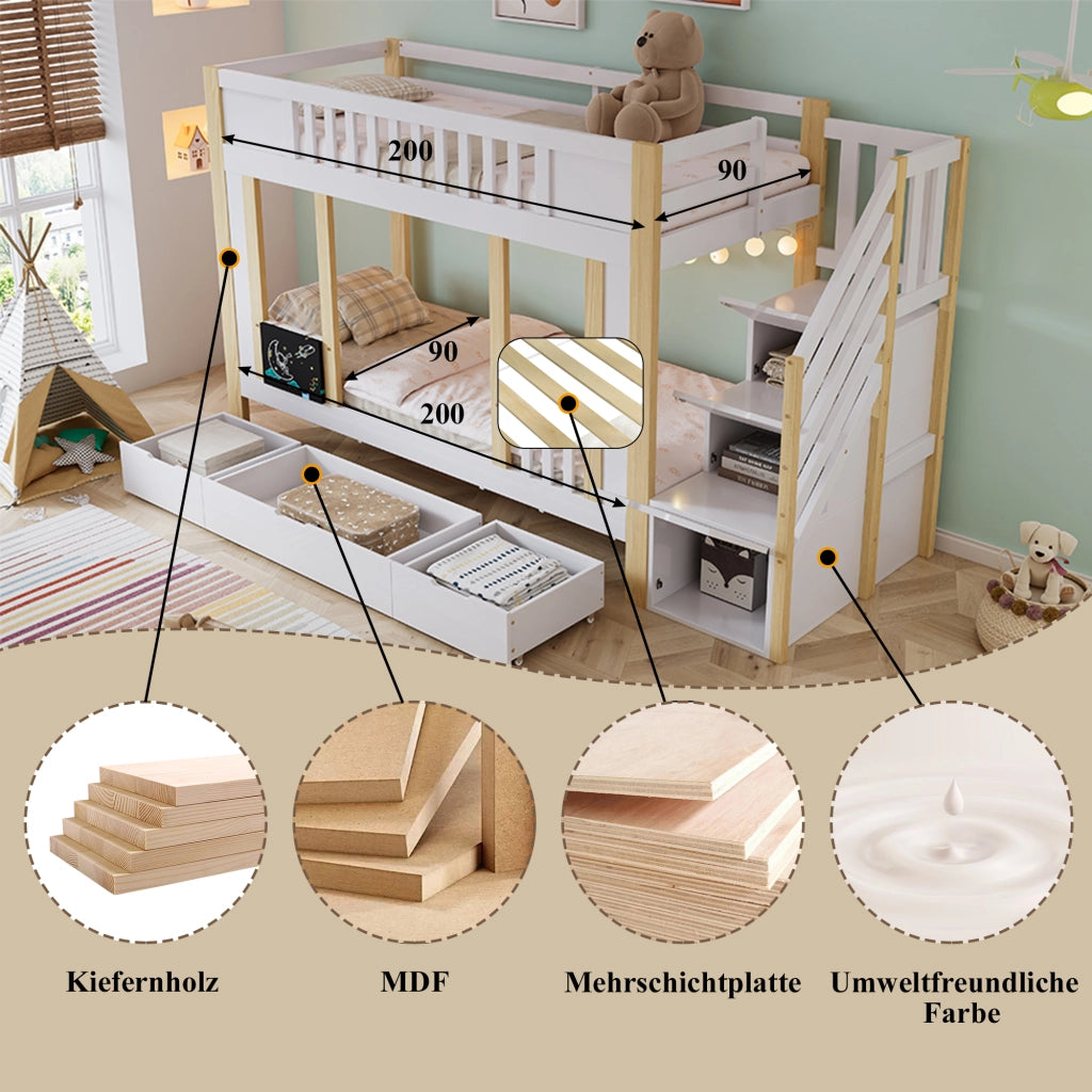 OKWISH Letto a Castello 90×200 cm, Letto Singolo con Scala Contenitore, 3 Cassetti e Lavagna, senza Materasso, Bianco Naturale