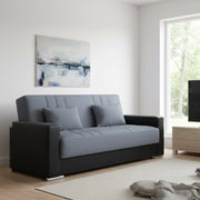 Divano letto Arix, Divano letto contenitore a 3 posti in ecopelle e tessuto, SofÒ  da soggiorno con apertura click-clack e 2 cuscini inclusi, Cm 230 x96h101, Nero e Grigio