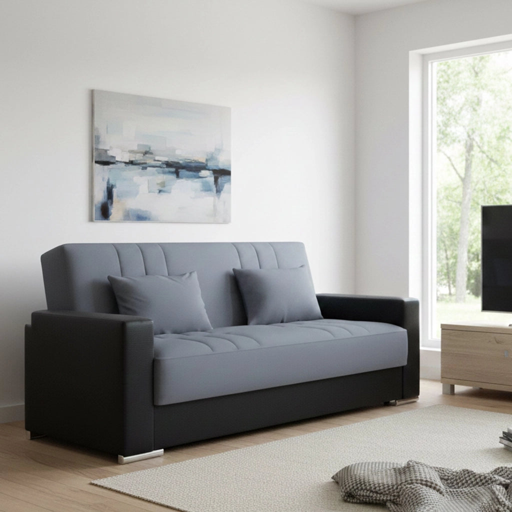 Divano letto Arix, Divano letto contenitore a 3 posti in ecopelle e tessuto, SofÒ  da soggiorno con apertura click-clack e 2 cuscini inclusi, Cm 230 x96h101, Nero e Grigio