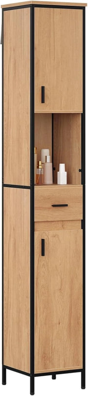 Mobile da Bagno Alto Con 2 Ante e 1 Cassetto, Piedini Regolabili e Ripiani, Per Bagno o Cucina, Stretto 30x30x180 cm, Rovere Chiaro+Nero