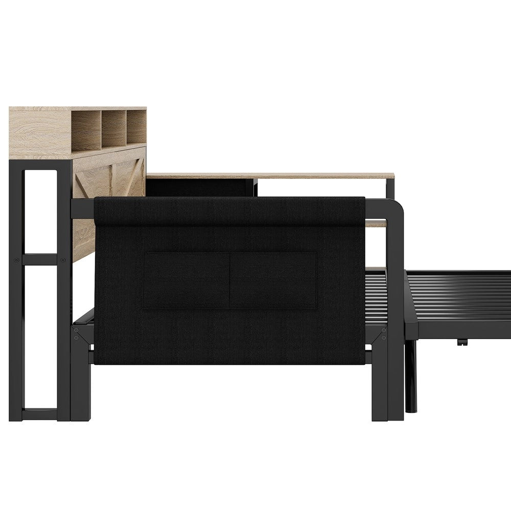 Letto Contenitore con Divano, LED e USB ¨C MINIMAL ¨C Metallo Nero 90x200, 3 Cassetti