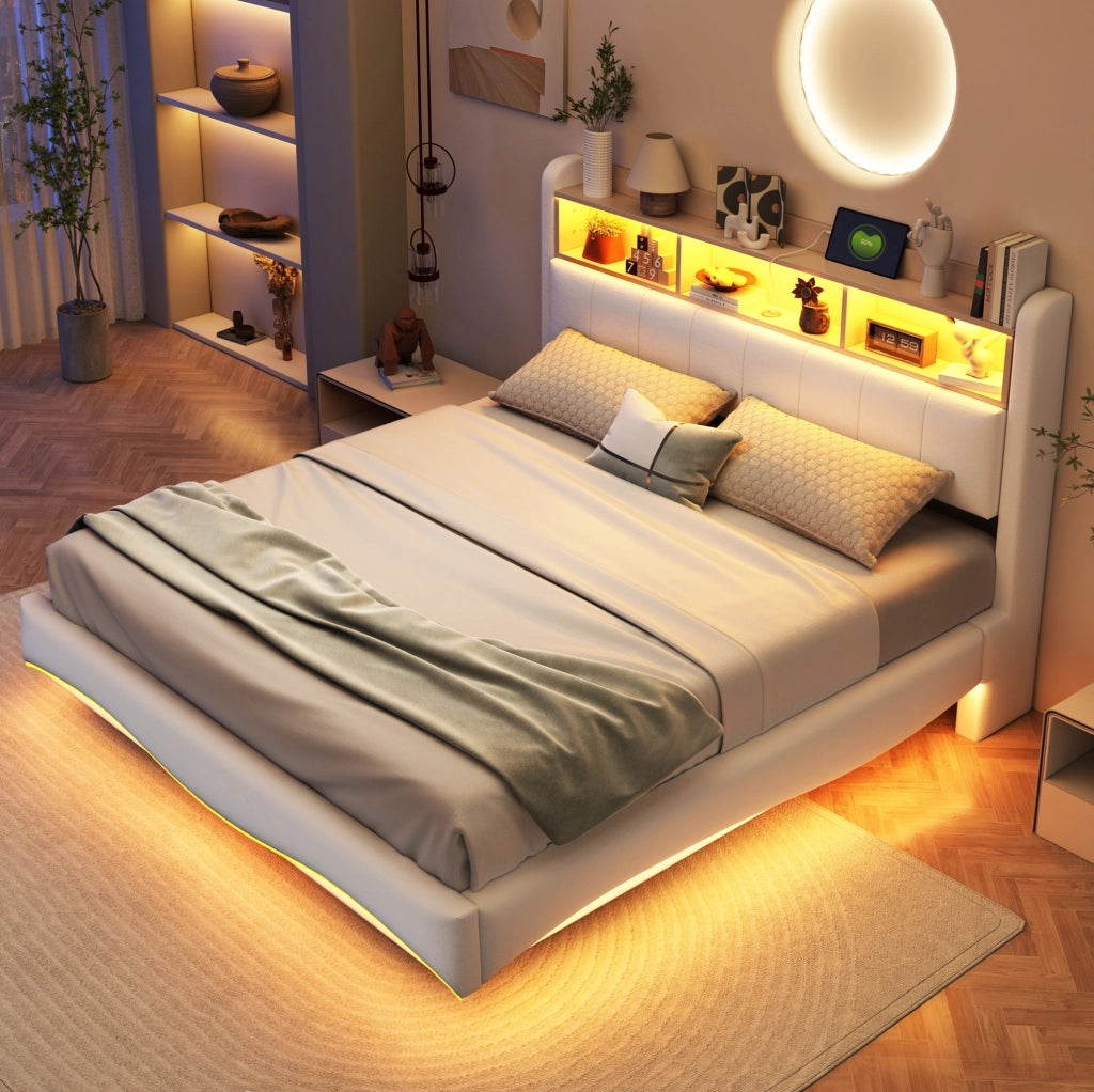 Letto imbottito sospeso 160x200 cm con LED; USB e Type-C; contenitore testiera; beige
