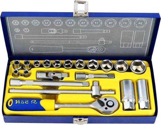 Set di Chiavi e Clessidre a 20 pezzi 3-8 pollici Profilo Bloccante in Scatola di Metallo - Viti Rugginate - Cassetta di Rilascio - Cromo Vanadio - S&R