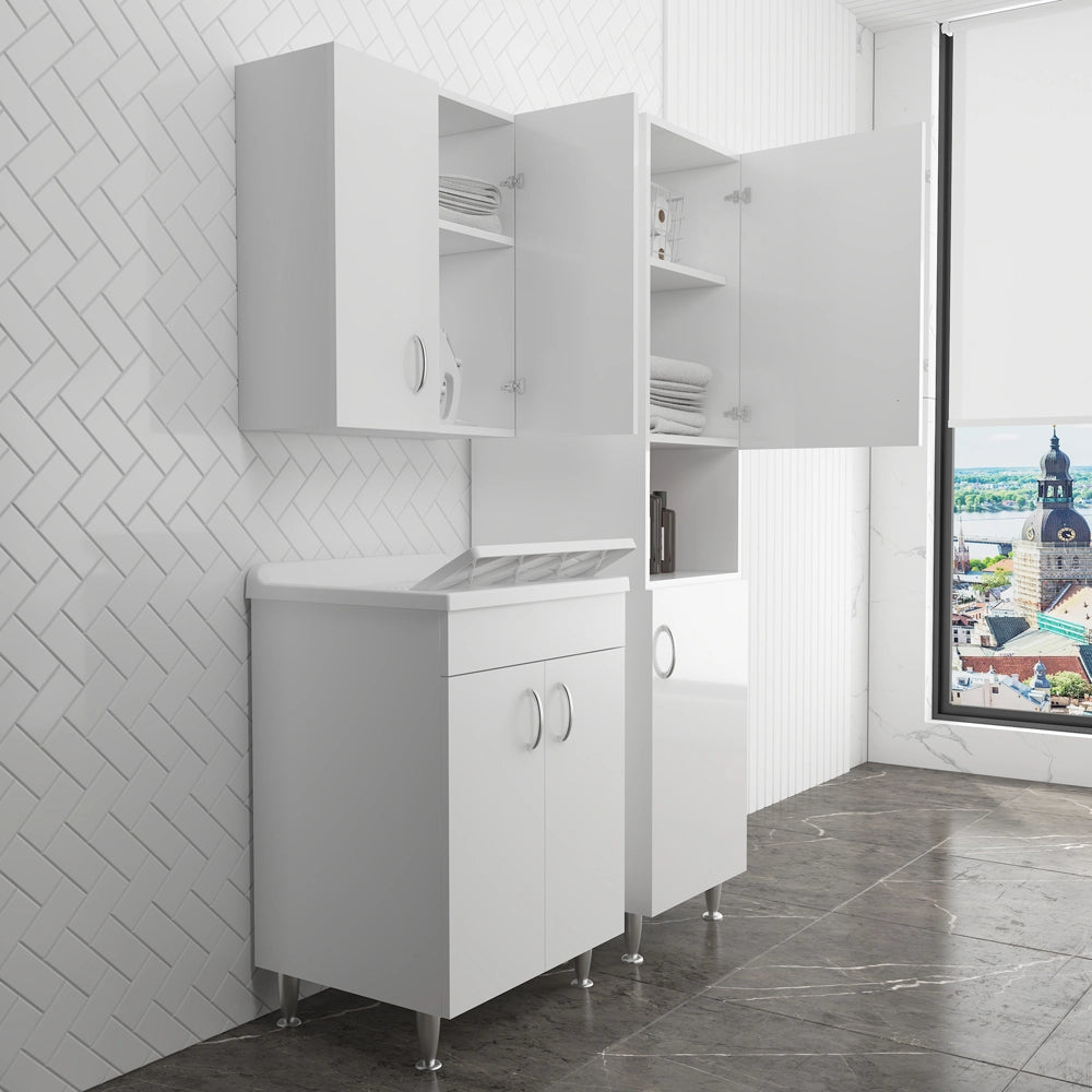 Set lavanderia con lavatoio colonna e pensile in legno bianco Fedra