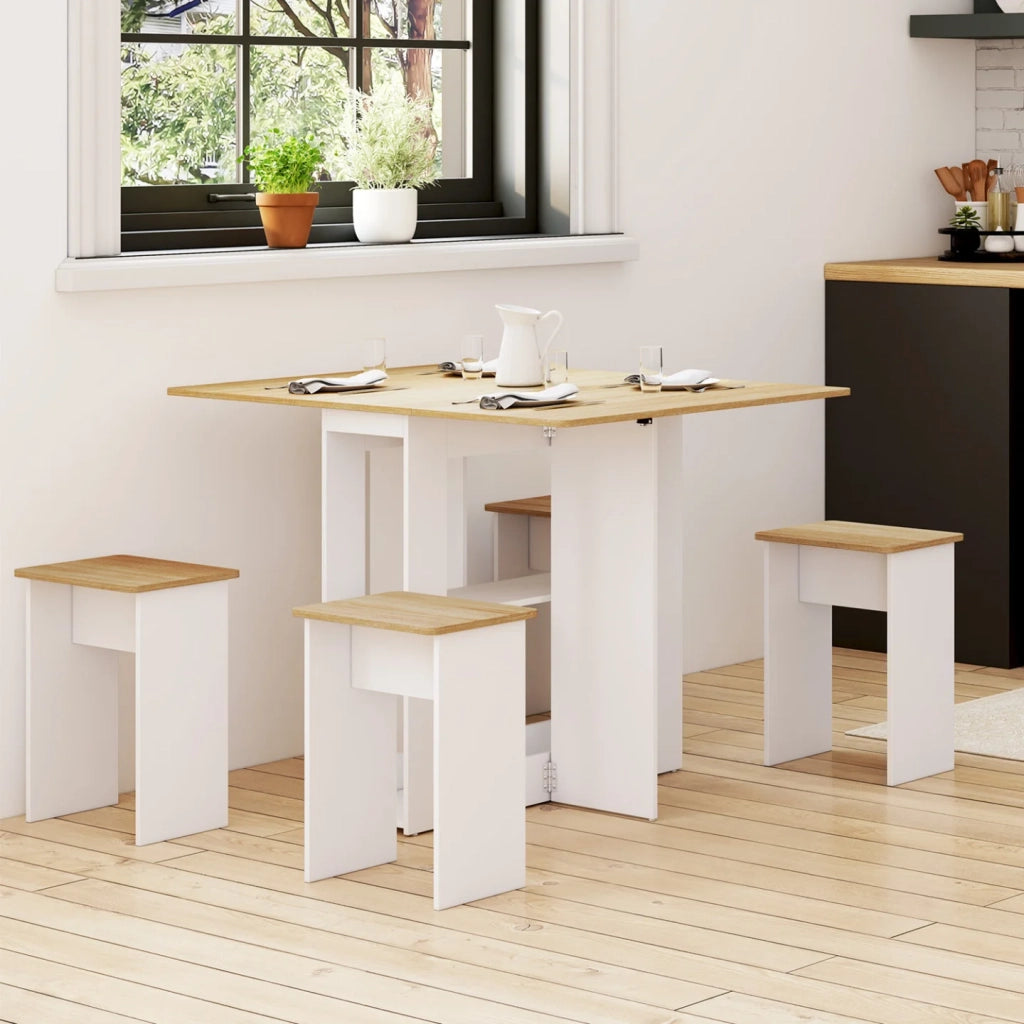 IDMarket - EDI Consolle pieghevole per 2-4 persone in legno bianco con piano in faggio e 4 sgabelli