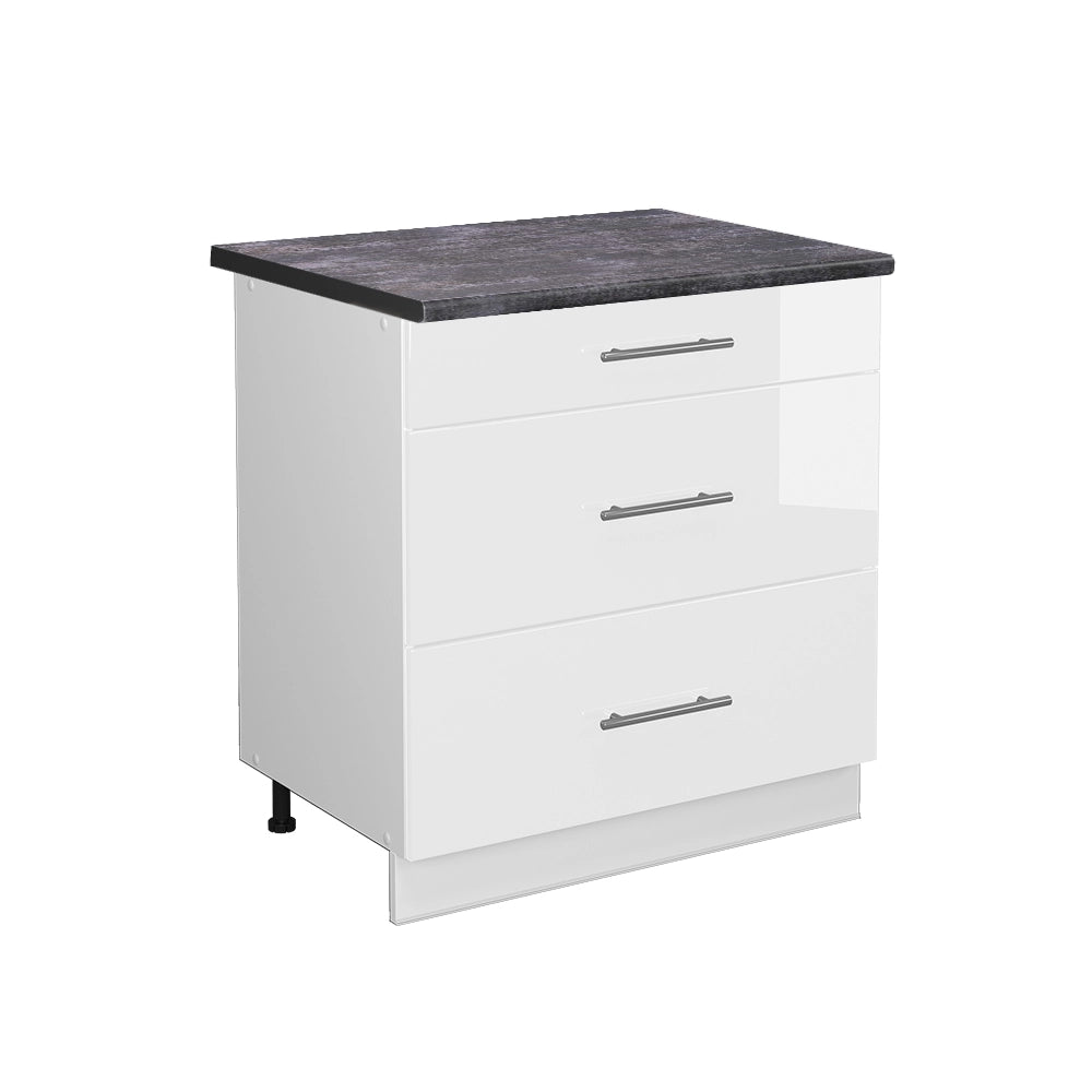 Mobiletto base per cucina Fame-Line Bianco lucido/Bianco 80 cm con 3 cassetti, PL Antracite Vicco