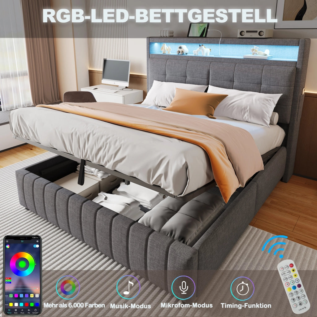 Letto Contenitore; Letto Matrimoniale 160x200 cm; USB; LED e Ripiani - Grigio