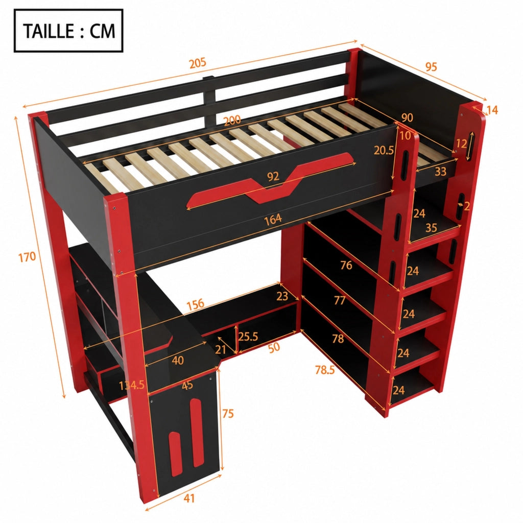 DESMIU Letto a soppalco 90 × 200 cm 1 piazza con scrivania, ripiani, LED, senza materasso, in MDF, nero rosso