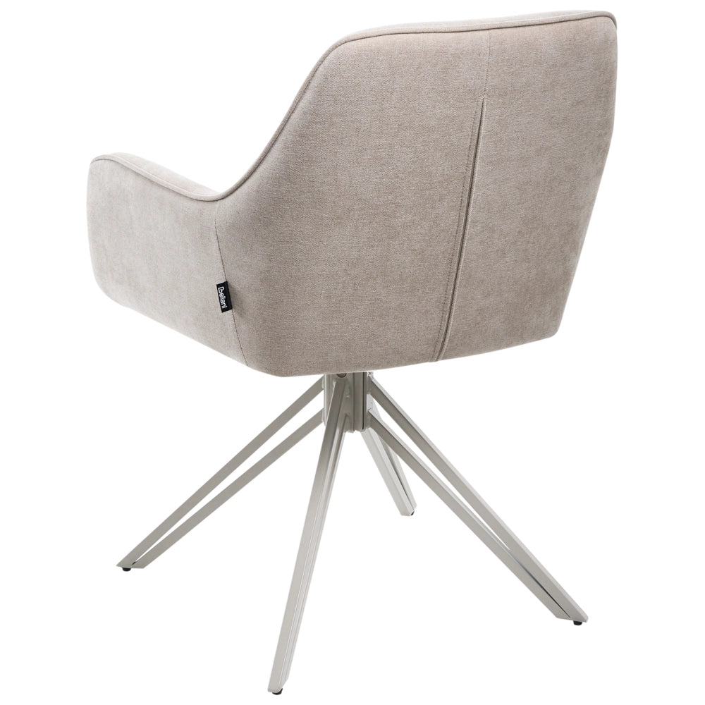 Set di 2 sedie da pranzo girevoli in tessuto beige con braccioli e schienale, gambe in metallo beige, stile retrò-contemporaneo