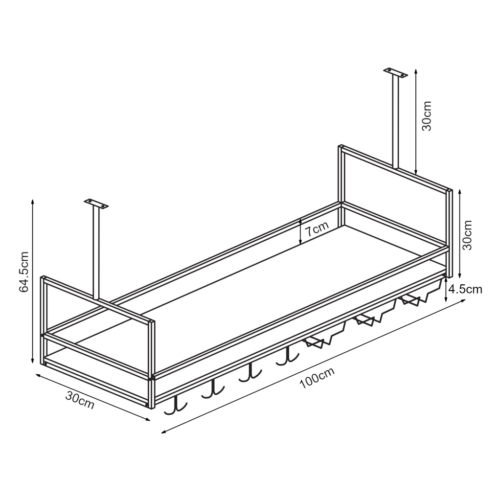 Portabottiglie Sospeso da Soffitto Borejle con Portacalici e Ganci per Tazze 100x30x65 cm Nero / Effetto Noce [en.casa]