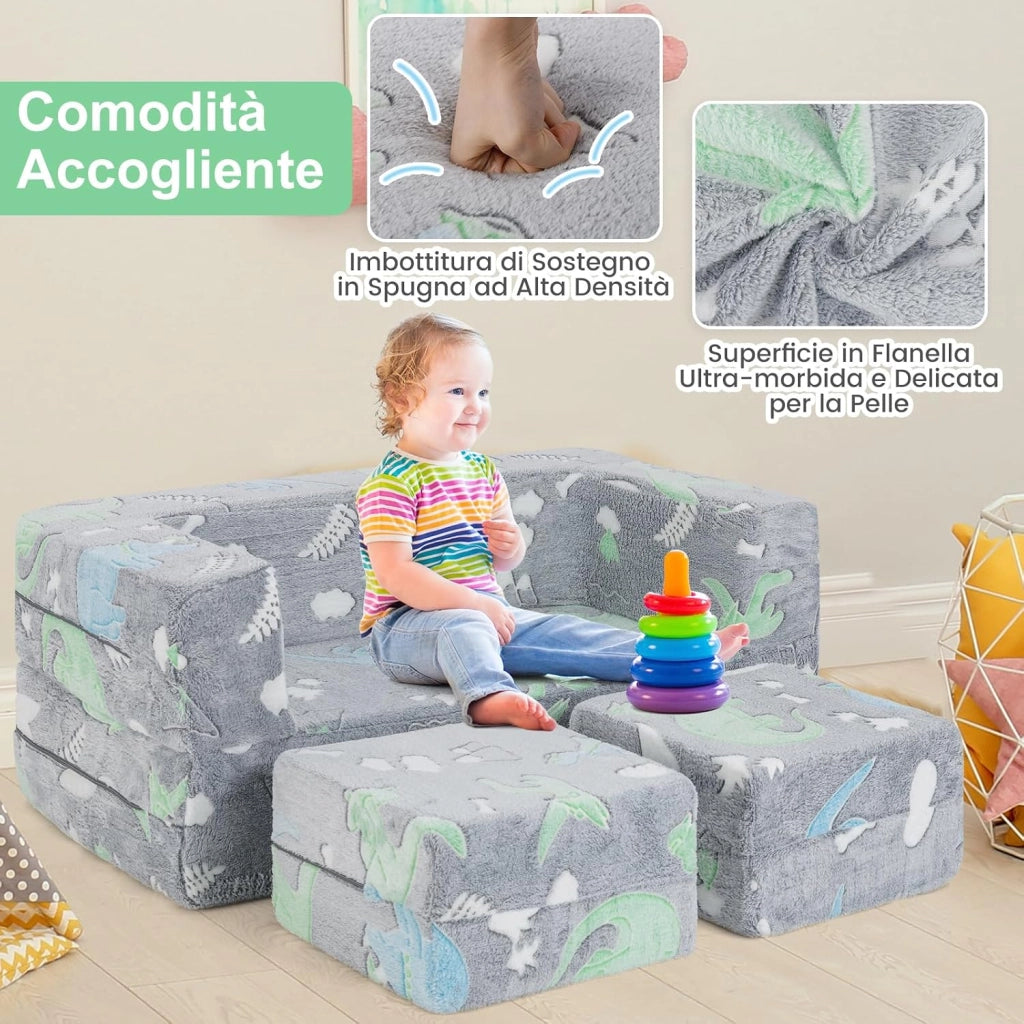 Divano Pieghevole 3 in 1 per Bambini Brilla al Buio, Poltrona Bambini con Rivestimento in Flanella Rimovibile e Lavabile, Pouf per Cameretta (Dinosauro Grigio)