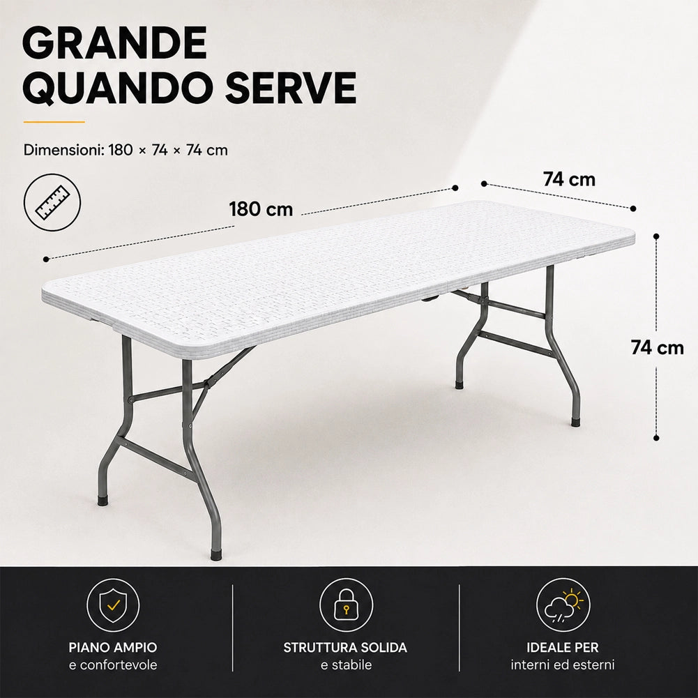 Tavolo Pieghevole Bianco Polyrattan Resistente Tavolino da Esterno 180x74x74cm