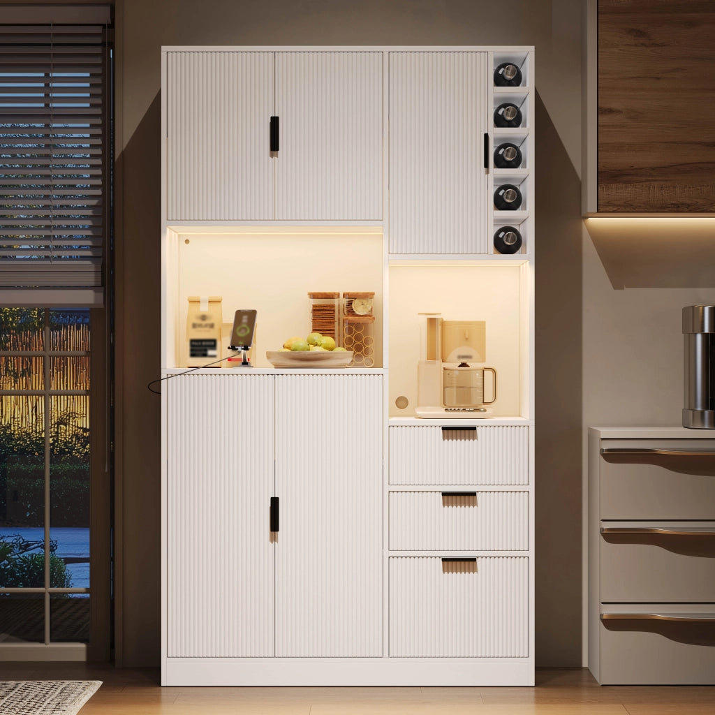 Credenza da cucina con LED app, 3 cassetti e portabottiglie, per cucina e sala da pranzo, bianco, 180 × 105 × 40 cm