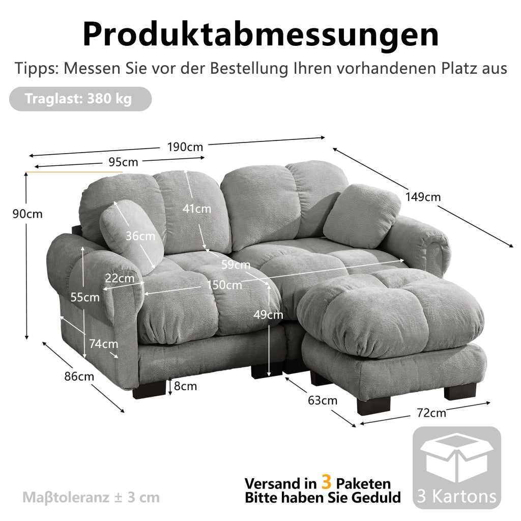 Divano angolare modulare a 2 posti in ciniglia con cuscini trapuntati e pouf mobile grigio chiaro 190 × 149 × 90 cm
