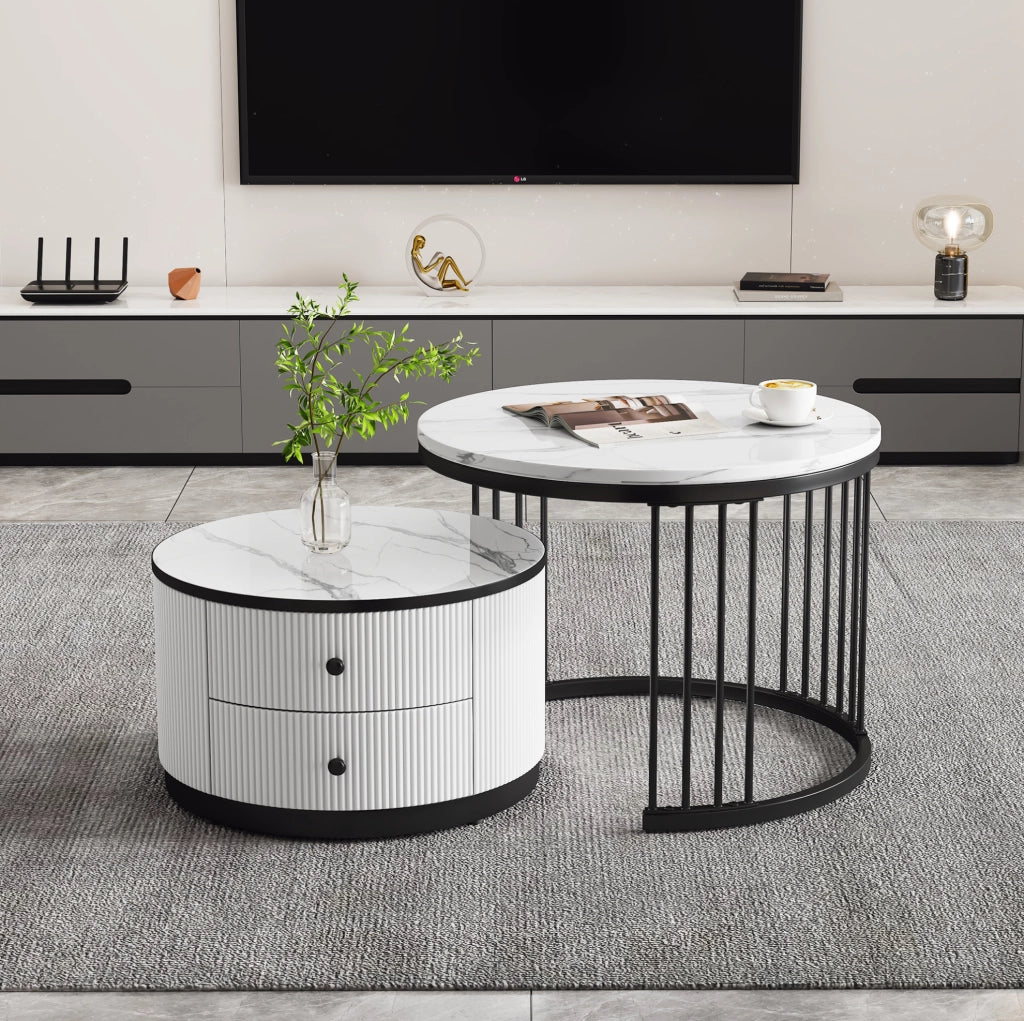 Set 2 tavolini da caffè rotondi con 2 cassetti; effetto marmo lucido; MDF; bianco/nero