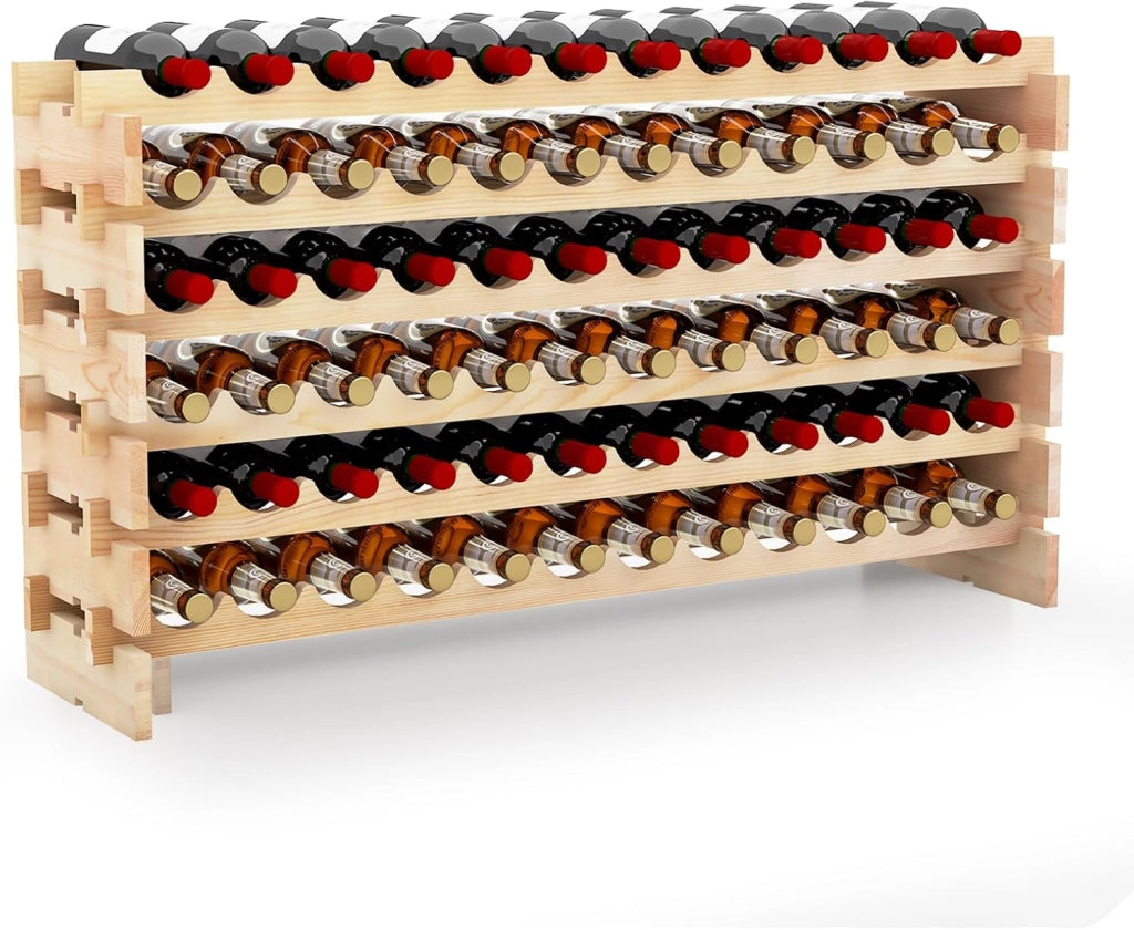 Portabottiglie in legno impilabile, scaffale per bottiglie per 72 bottiglie, portabottiglie con 6 livelli, supporto per bottiglie modulare per cucina e bar, scaffale in legno 120 x 29 x 79 cm