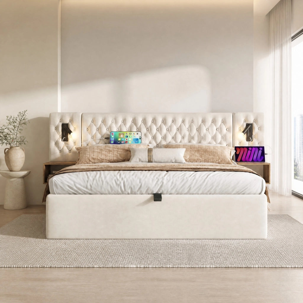 LETTO Contenitore Idraulico 180x200 cm Velluto Beige con 2 comodini