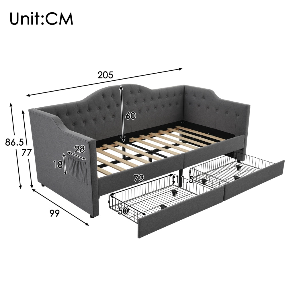 Letto singolo 90x190 cm con USB C e 2 cassetti; tessuto grigio