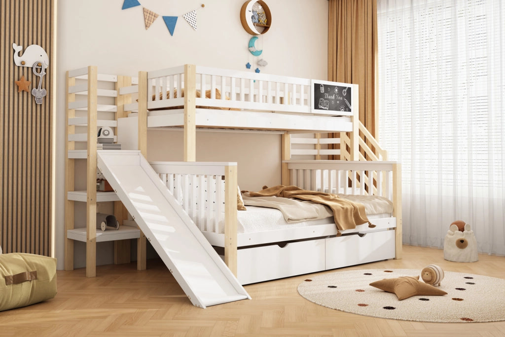 LETTO A CASTELLO 140x200 cm e 90x200 cm Legno Bianco/Naturale con scivolo