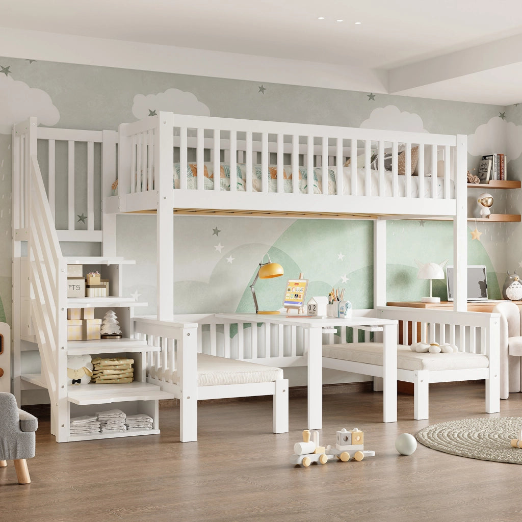 OKWISH Letto a Castello 90×200 cm e 120×200 cm, Letto 3 Posti con Scala Contenitore, Scrivania Ribaltabile e Sponda, senza Materasso, Bianco
