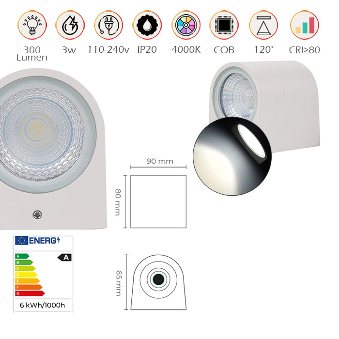 APPLIQUE LED 3W PER INTERNI CON MONO-EMISSIONE LUMINOSA 4000K° - DESIGN SEMICILINDRICO IN ALLUMINIO BIANCO AD ALTA EFFICIENZA ENERGETICA