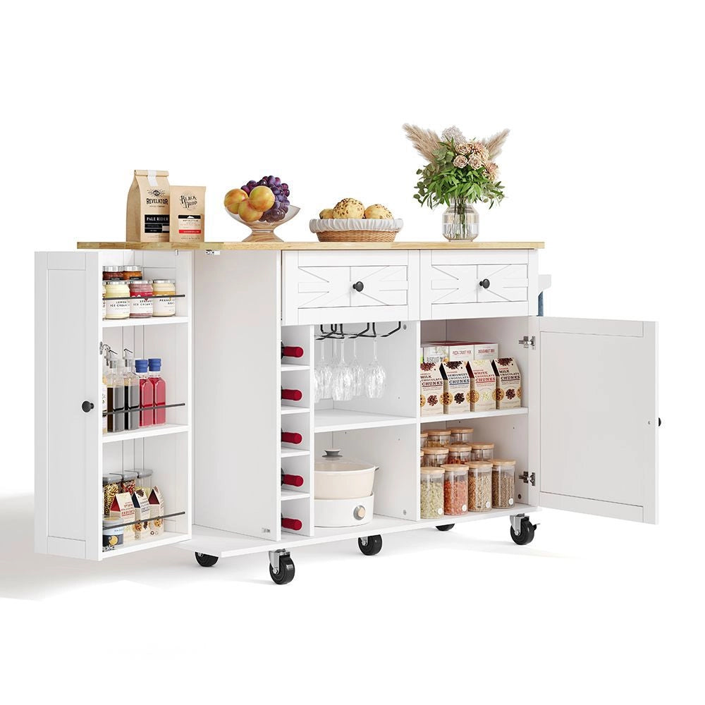 Isola da cucina con piano ribaltabile - Xylo - 120 x 45(70) x 89 cm - Bianco - 5 ruote bloccabili, scaffale porta, portabottiglie e portabicchieri