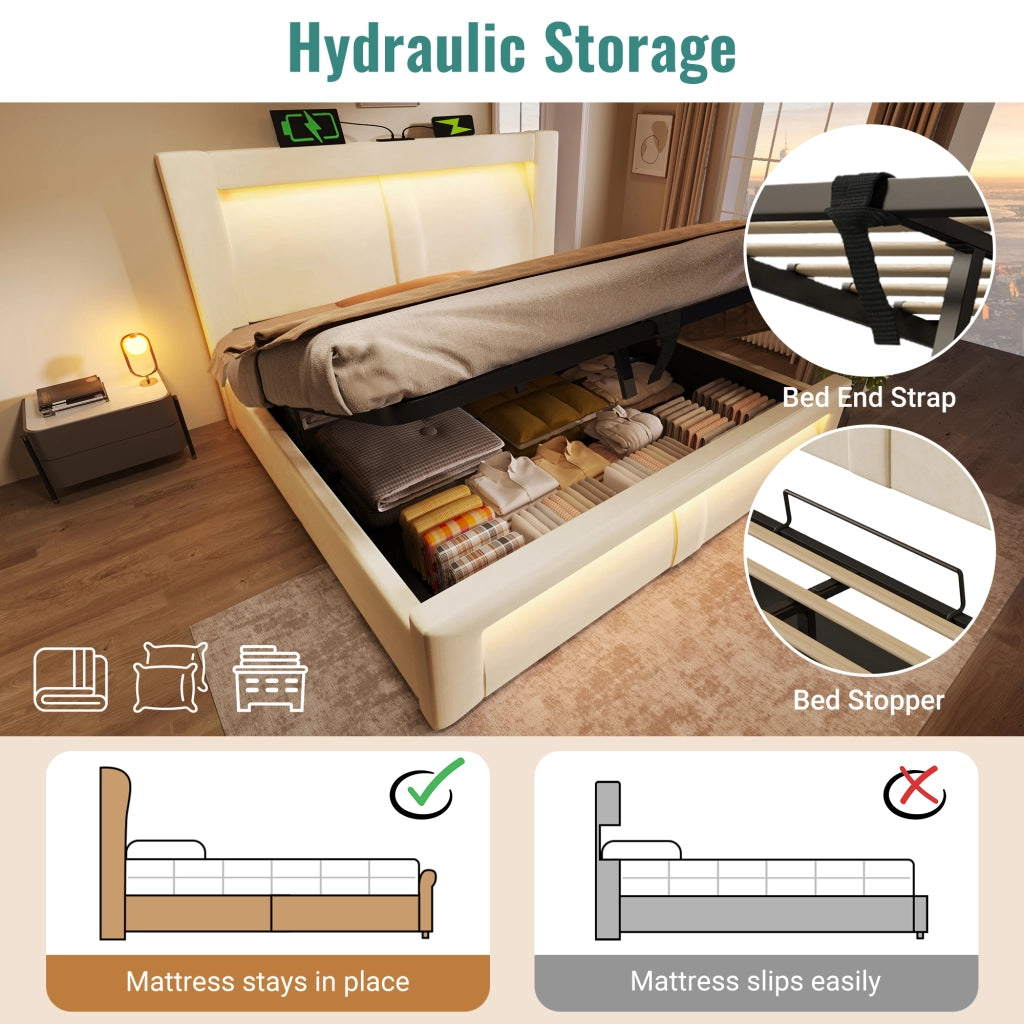 OKWISH Letto Contenitore 160×200 cm, Letto Matrimoniale con LED Regolabile, USB, Type C e Testiera Curva, senza Materasso, in Velluto, Beige