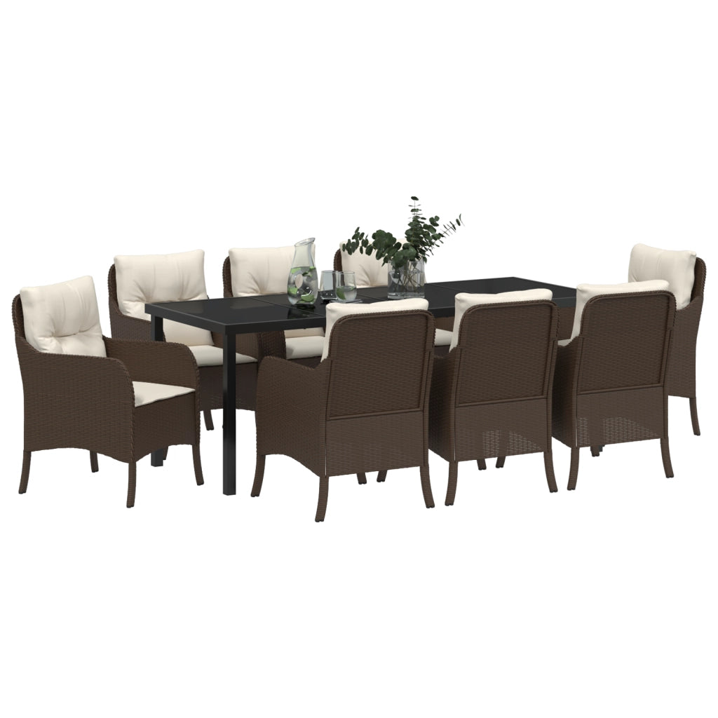 Set da pranzo da giardino 9 pezzi con cuscini marrone in rattan polimerico