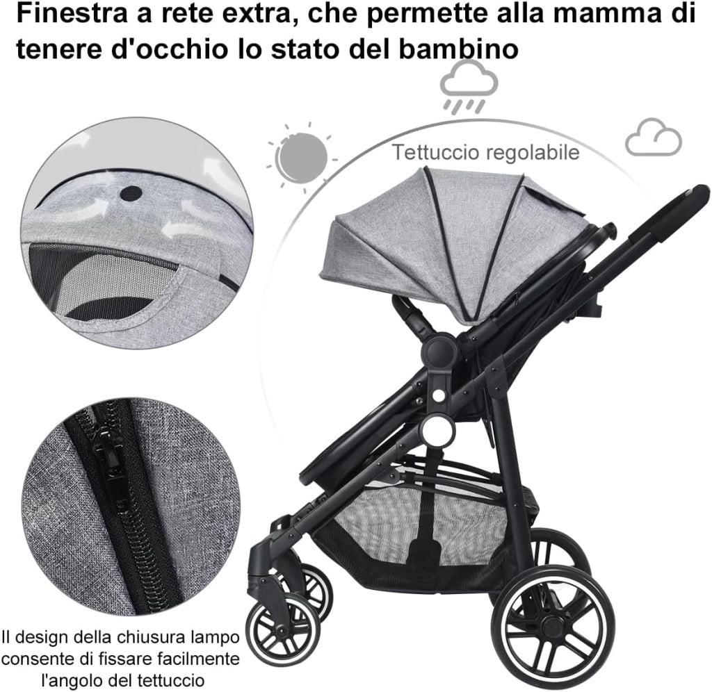 2 in 1 Passeggino per Bambini, Passeggino Pieghevole con Sedile Reversibile, Schienale Regolabile, Passeggino Leggero con Cintura di Sicurezza, Copertura, per Bambini 0-3 Anni (Grigio)