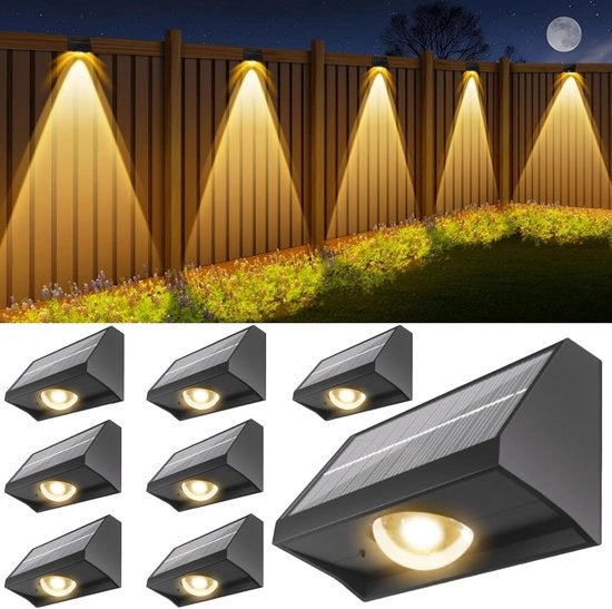 Illuminazione di Cortile Solare Esterna Impermeabile - Alta Chiarezza LED Spot Lente - 7 Posizioni Bianco Caldo e Bianco Caldo RGB - Illuminazione di Parete per Terrazza, Scale, Giardino Posteriore, Balaustra e Piscina - 8 pezzi
